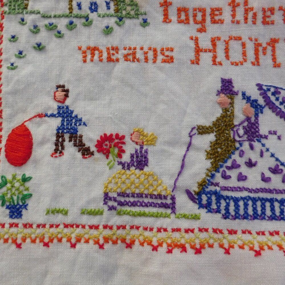 Vintage Cross Stitch Sampler Colonial Cottagecore Family Home Quote 11" x 13" - Picture 3 of 5
